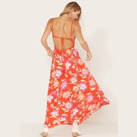 Free People Wisteria Maxi Dress Orange Floral Lightweight Open Back Sleeveless - Picture 5 of 14